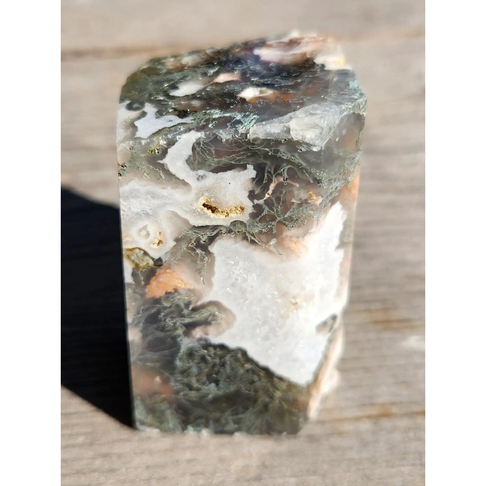 Freeform Moss Agate with Druzy, Lovley Moss Agate Freeform Piece, Stands Well